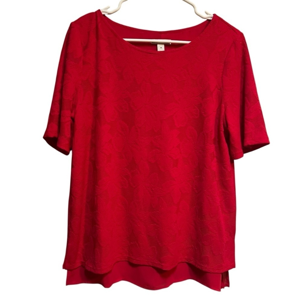 Dana Buchman Womens Size Medium Boatneck Blouse Red Lace Textured Floral Stretch